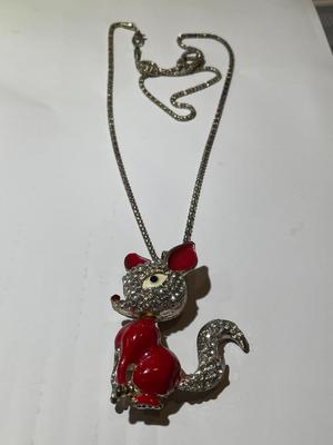 Vintage Rhinestone & Enamel Rudolph the Red Nose Reindeer Pendant 2.5" Tall on a 28" Fashion Chain in Good Preowned Condition.