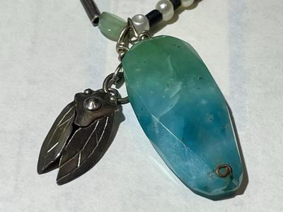 Vintage Scarce Designer PEGGY JOHNSON Signed Sterling Silver Hand Made Beetle Pendant w/Beaded 16" Necklace