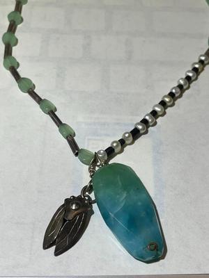 Vintage Scarce Designer PEGGY JOHNSON Signed Sterling Silver Hand Made Beetle Pendant w/Beaded 16" Necklace