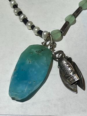 Vintage Scarce Designer PEGGY JOHNSON Signed Sterling Silver Hand Made Beetle Pendant w/Beaded 16" Necklace