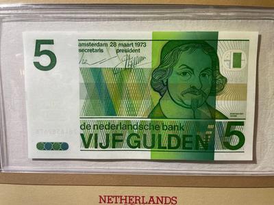 Netherlands 5 Gulden Banknote 1973 Uncirculated Condition by Fleetwood as Pictured.