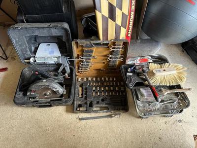 CIRCULAR SAW, SOCKETS AND WRENCHES PLUS HOUSE PAINTING SUPPLIES