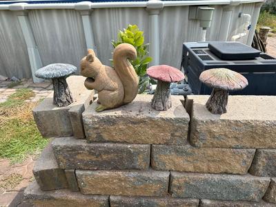 CONCRETE SQUIRREL AND 3 MUSHROOMS