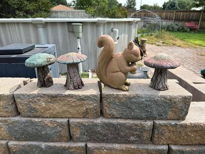 CONCRETE SQUIRREL AND 3 MUSHROOMS
