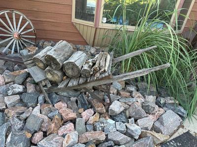 ANTIQUE CART/DOLLY AND A WAGON WHEEL