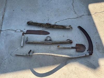 SCYTHE HAY SICKLE AND OTHER ANTIQUE HAND TOOLS