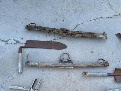 SCYTHE HAY SICKLE AND OTHER ANTIQUE HAND TOOLS