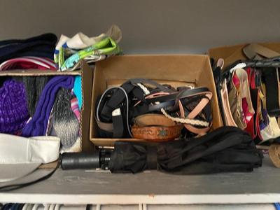 TOP SHELF OF CLOSET, BELTS HATS, SCARVES, & SOCKS