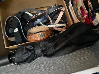 TOP SHELF OF CLOSET, BELTS HATS, SCARVES, & SOCKS