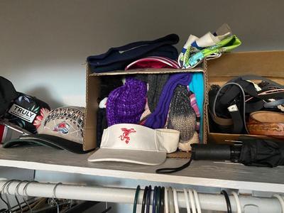 TOP SHELF OF CLOSET, BELTS HATS, SCARVES, & SOCKS