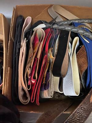 TOP SHELF OF CLOSET, BELTS HATS, SCARVES, & SOCKS