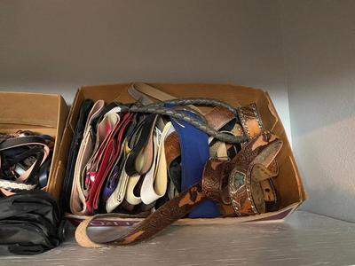 TOP SHELF OF CLOSET, BELTS HATS, SCARVES, & SOCKS