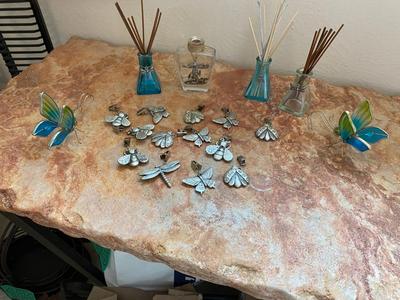 PEWTER CURTAIN HANGERS AND GLASS BUG WIND-CHIME