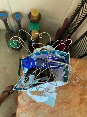 PEWTER CURTAIN HANGERS AND GLASS BUG WIND-CHIME