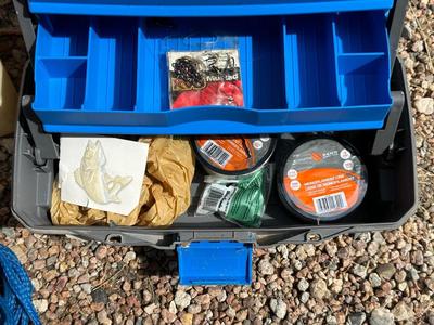 TACKLE BOX W/TACKLE, MINNOW BUCKET