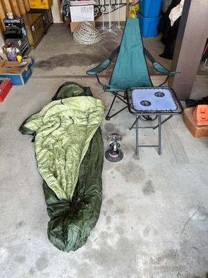 DOWN SLEEPING BAG, FOLDING CHAIR AND TABLE PLUS LANTERN