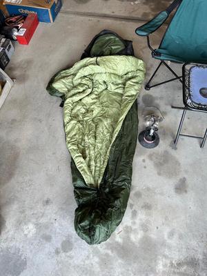 DOWN SLEEPING BAG, FOLDING CHAIR AND TABLE PLUS LANTERN