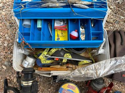 FISHING REEL & TACKLE W/BOX PLUS GALVANIZED MINNOW BUCKET
