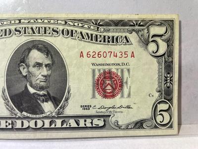 Series 1963 $5 Red Seal US Legal Tender Note EF/AU Condition Serial #A62607435A as Pictured.