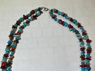 Vintage Preowned 17" Double Strand Turquoise/Coral/Misc Chip Bead Necklace in Good Condition.