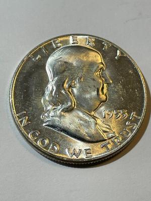 1955 BU CONDITION FRANKLIN SILVER HALF DOLLAR AS PICTURED.