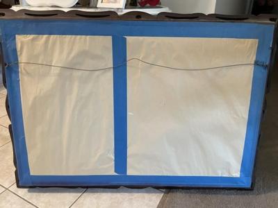 Vintage Mid-Century Print w/Hand Carved Dark Wooden Frame Size 29" x 40" in Good Preowned Condition.