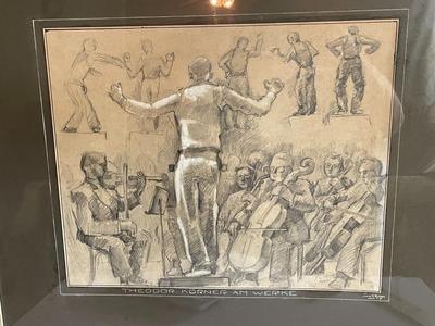 LOUIS H. VERNON (Artist) Charcoal/Drawing of Conductor & Orchestra 23" x 26" in Good Preowned Condition.