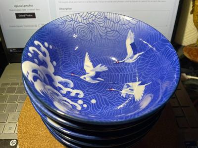 6-Vintage Japanese Blue Porcelain Crane Bird Rice/Soup Bowls 5.25" Diameter in VG Preowned Condition.