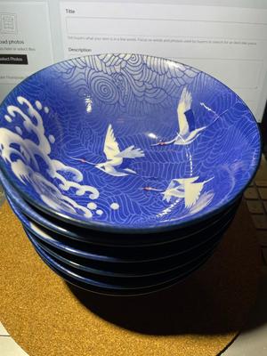 6-Vintage Japanese Blue Porcelain Crane Bird Rice/Soup Bowls 5.25" Diameter in VG Preowned Condition.