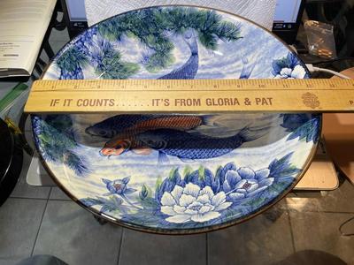 Japanese Koi Fish Motif 12" Diameter Decorative Bowl Hand Painted in VG Preowned Condition.