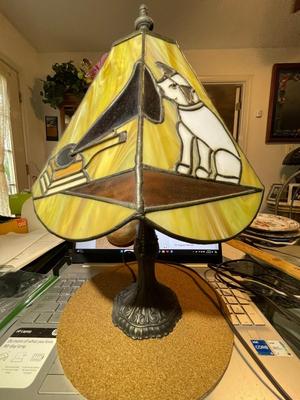 Vintage Advertisement Mid-Century RCA Nipper Dog Stained Slag Glass Desk Lamp 16" Tall in Good Preowned Condition.