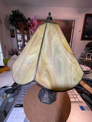 Vintage Advertisement Mid-Century RCA Nipper Dog Stained Slag Glass Desk Lamp 16" Tall in Good Preowned Condition.