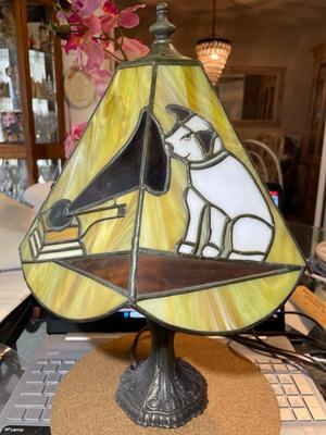 Vintage Advertisement Mid-Century RCA Nipper Dog Stained Slag Glass Desk Lamp 16" Tall in Good Preowned Condition.