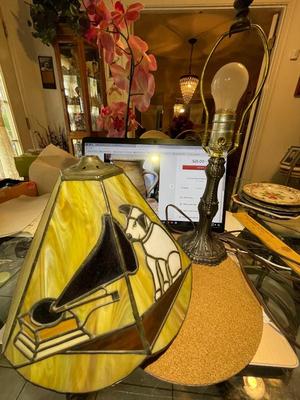 Vintage Advertisement Mid-Century RCA Nipper Dog Stained Slag Glass Desk Lamp 16" Tall in Good Preowned Condition.