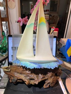 Huge Sailboat Yacht Driftwood Sculpture with Dolphins by John Perry 17.25" Tall x 13.25" Wide in Good Preowned Condition.