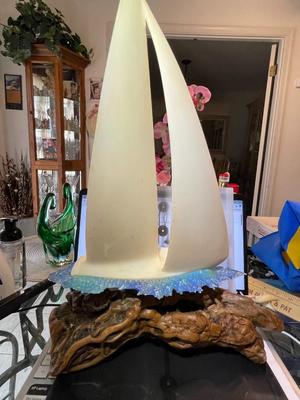 Huge Sailboat Yacht Driftwood Sculpture with Dolphins by John Perry 17.25" Tall x 13.25" Wide in Good Preowned Condition.