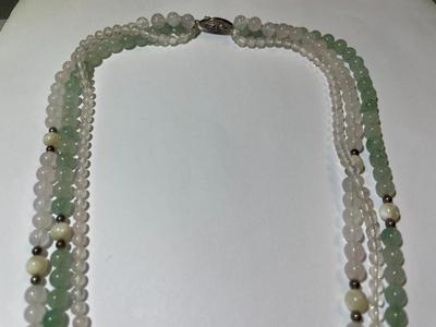 Vintage Triple Strand Jadeite Bead Necklace 18" in Very Good Preowned Condition as Pic'd.