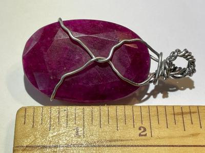 Wired Frame Huge Red Tourmaline/Ruby-like Faceted OVAL Shaped Stone Pendant Heavily Included and Even Fractured,
