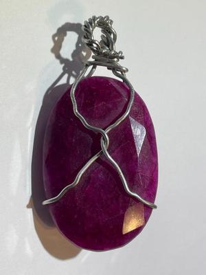 Wired Frame Huge Red Tourmaline/Ruby-like Faceted OVAL Shaped Stone Pendant Heavily Included and Even Fractured,