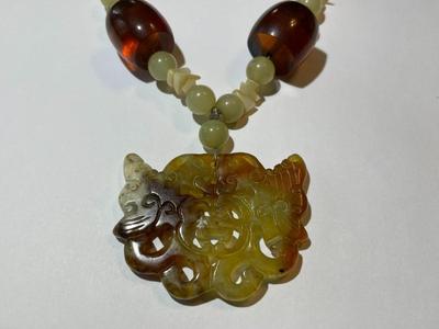 Vintage Asian 18" Beaded Necklace w/Jade/Jadeite Pendant in Good Preowned Condition.
