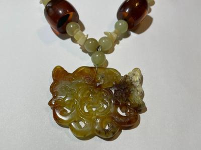 Vintage Asian 18" Beaded Necklace w/Jade/Jadeite Pendant in Good Preowned Condition.