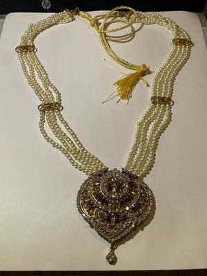 Vintage Indian Wedding Bridal Gold Plated Faux Pearl & Colored Stone Necklace 22"+ Plus & Adjustable in Good Preowned Condition