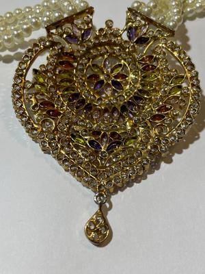 Vintage Indian Wedding Bridal Gold Plated Faux Pearl & Colored Stone Necklace 22"+ Plus & Adjustable in Good Preowned Condition