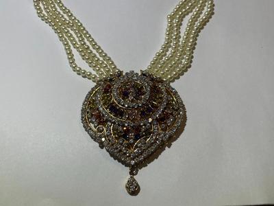 Vintage Indian Wedding Bridal Gold Plated Faux Pearl & Colored Stone Necklace 22"+ Plus & Adjustable in Good Preowned Condition