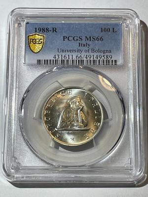 PCGS CERTIFIED ITALY 1988-R MS66 100-LIRE UNIVERSITY OF BOLOGNA SILVER COIN AS PICTURED.