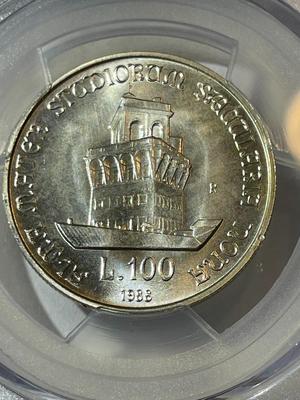 PCGS CERTIFIED ITALY 1988-R MS66 100-LIRE UNIVERSITY OF BOLOGNA SILVER COIN AS PICTURED.