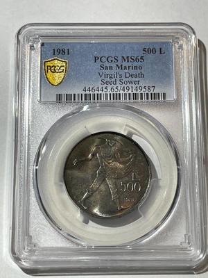PCGS CERTIFIED San Marino MS65 500-Lire 1981 - Silver - "Virgil ' S Death" as Pictured.