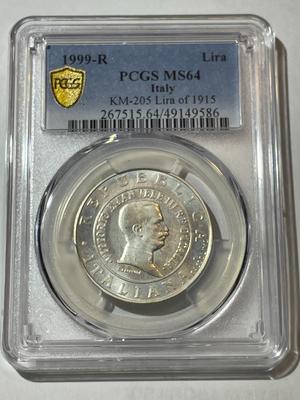 PCGS CERTIFIED ITALY 1999-R MS64 KM-205 LIRA OF 1915 SILVER COIN AS PICTURED.
