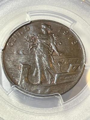 PCGS CERTIFIED 1918-R MS64/BROWN 5 Centesimi - Victor Emmanuel III without Dot after "D" Variety as Pictured.