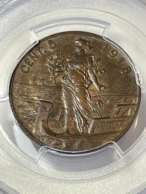 PCGS CERTIFIED 1918-R MS63/BROWN 5 Centesimi - Victor Emmanuel III without Dot after "D" Variety as Pictured.